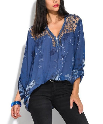 Lace V-Neck Printed Long-Sleeved Shirt