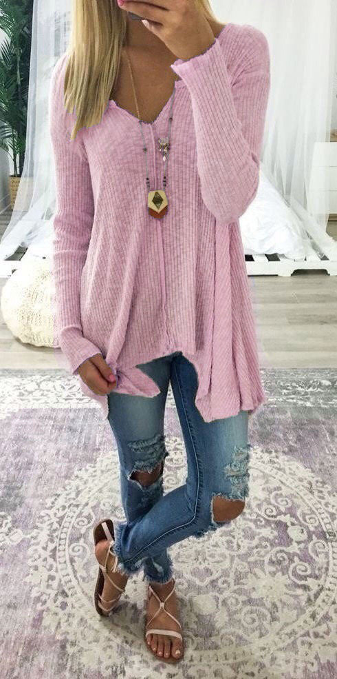 Loose Long Sleeve V-Neck Sweater