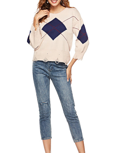 Loose Long Sleeve O-Neck Diamond Sweater