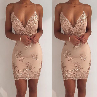 Sexy Deep V-Neck Sling Backless Embroidery Short Dress