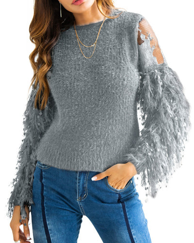 Fringed Plush Embroidered Lace Sweater