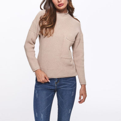 Casual Pocket Half High Neck Collar Round Neck Sweaters