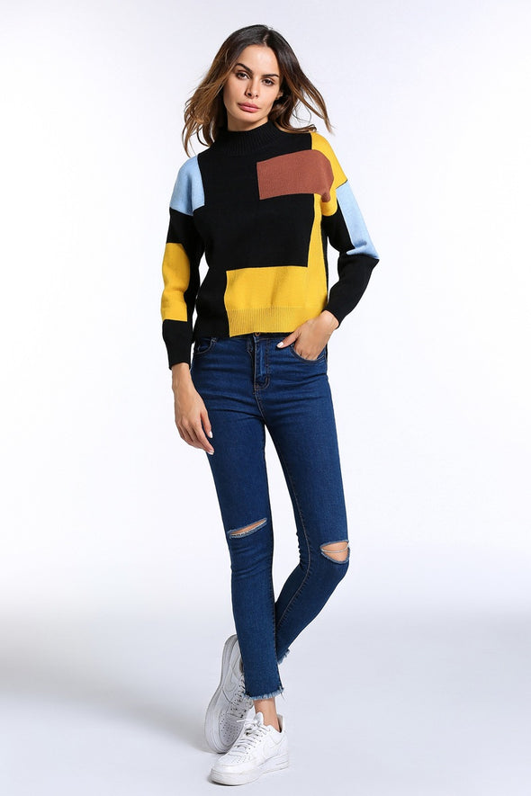 New square color matching long sleeve sweater