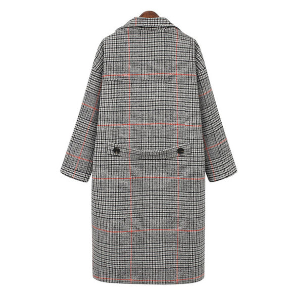 Fashion Plaid Double-breasted Long Sleeve Woolen Coat