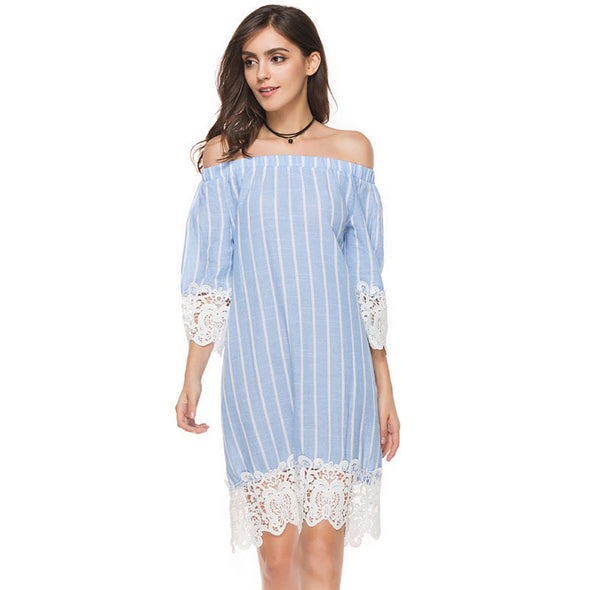 Women's summer new lace stripe lace dress