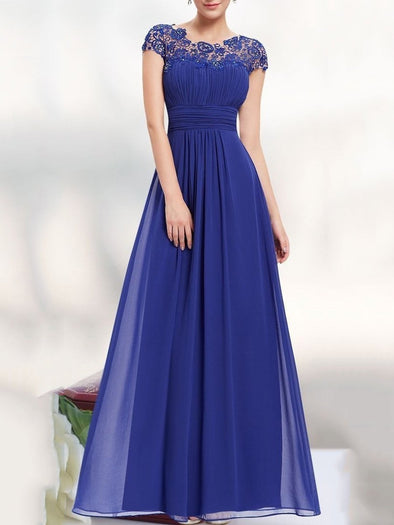 Round Neck Patchwork Ruched  Hollow Out Plain Evening Dress