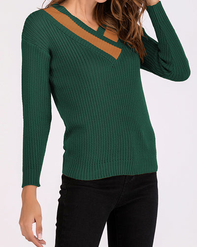 New V-Neck Long-Sleeved Slim Color Matching Sweater