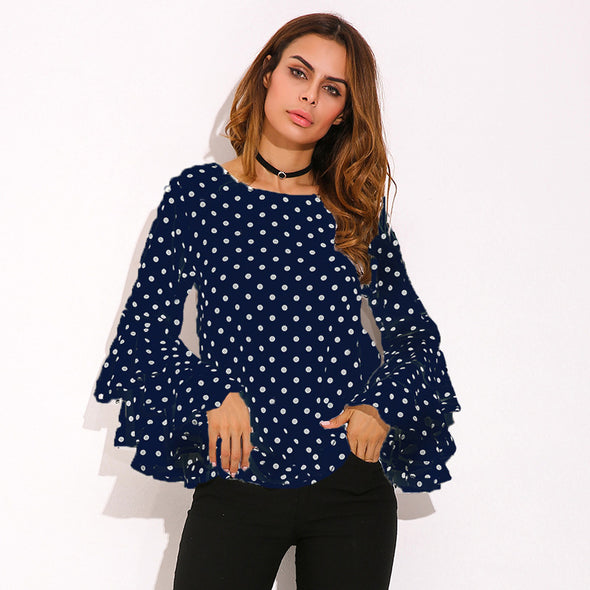 Casual O-Neck Dot three-layer Ruffles sleeve T-shirt