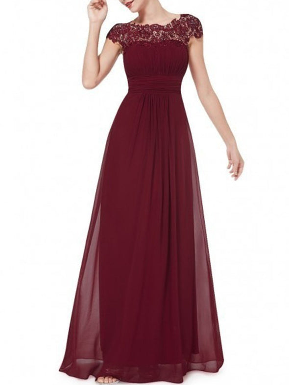 Round Neck Patchwork Ruched  Hollow Out Plain Evening Dress