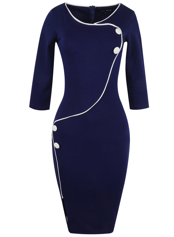 V-Neck Contrast Piping Slit Bodycon Dress