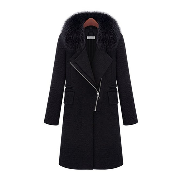 Fox Fur Collar Solid Color Slim Thick Woolen Coat