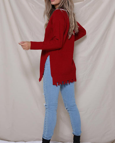 V-Neck Colorblock Long Sleeve Split-Knit Sweater