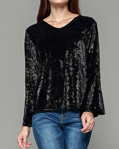 Velvet Flared Long Sleeve Halter T-Shirt