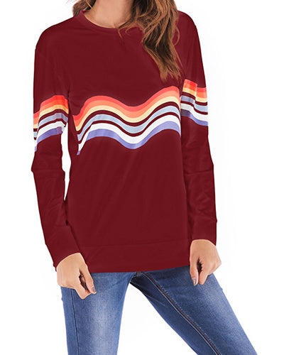 Colorful Striped Long Sleeve Round Neck T-Shirt