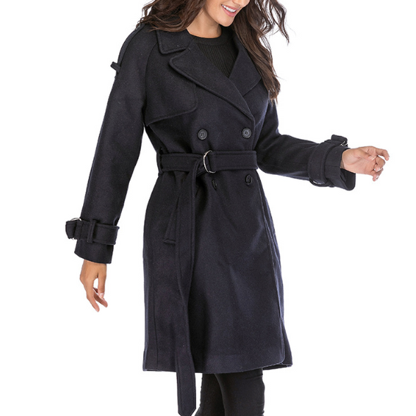 Classic Slim Long Sleeve Double-breasted Lapel Woolen Coat