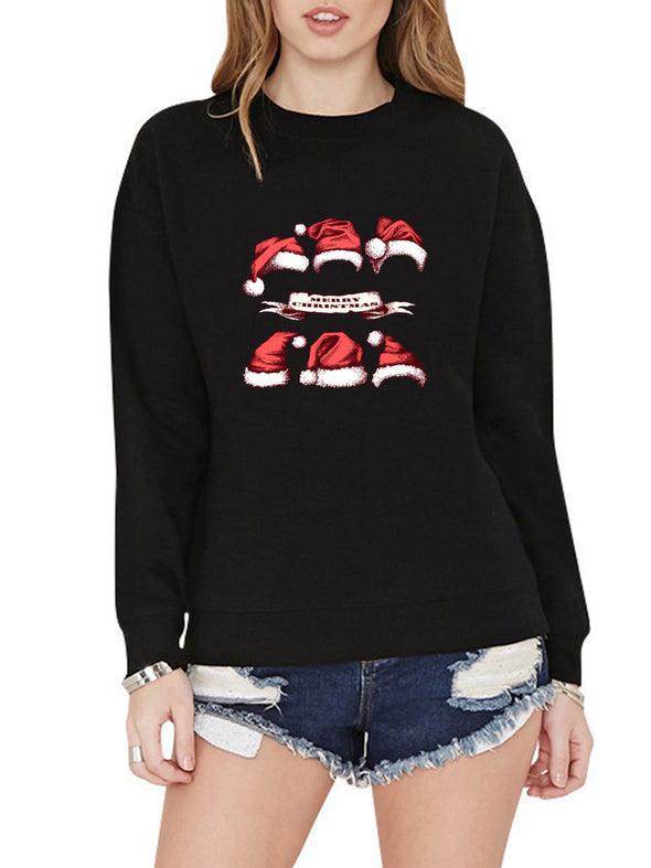 Christmas Hat Printed Long-Sleeved O-Neck Sweater