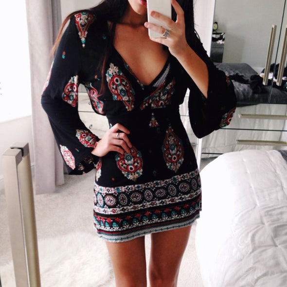 Flared Sleeve Printed V-Neck Dress