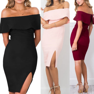 Fashion Slash-Neck Asymmetrical Ruffle Split Bodydress Dress