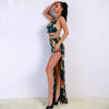 Sexy Spring and Summer Off Shoulder Backless Two Pcs Halter Flower Print High Split Elegant Women Dress