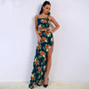 Sexy Spring and Summer Off Shoulder Backless Two Pcs Halter Flower Print High Split Elegant Women Dress