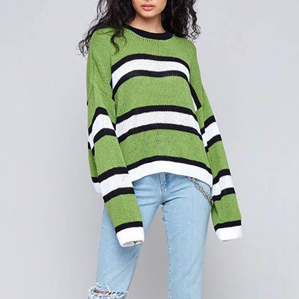 Green Stripes Round Collar Long Sleeve Sweater