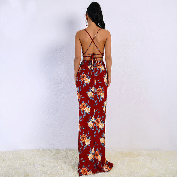 Sexy Spring and Summer Off Shoulder Backless Two Pcs Halter Flower Print High Split Elegant Women Dress