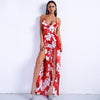 Sexy Spring And Summer Deep V Ruff  Halter Off Shoulder Flower Print Two Split Jumpsuits Backless Playsuits