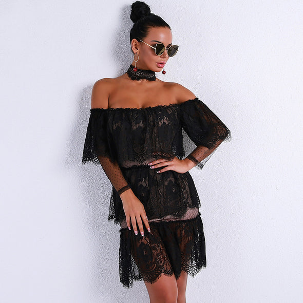 Sexy Off Shoulder Short Sleeve Ruffles Lace Collor Dress