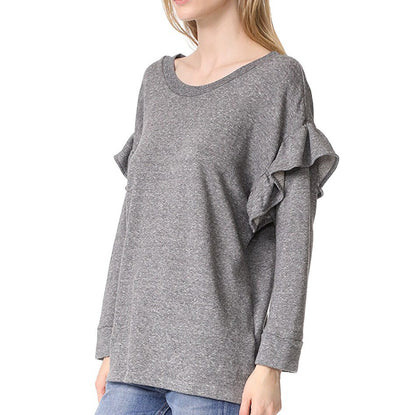 Solid Color Round Neck Lotus Leaf Long Sleeve Sweatshirt