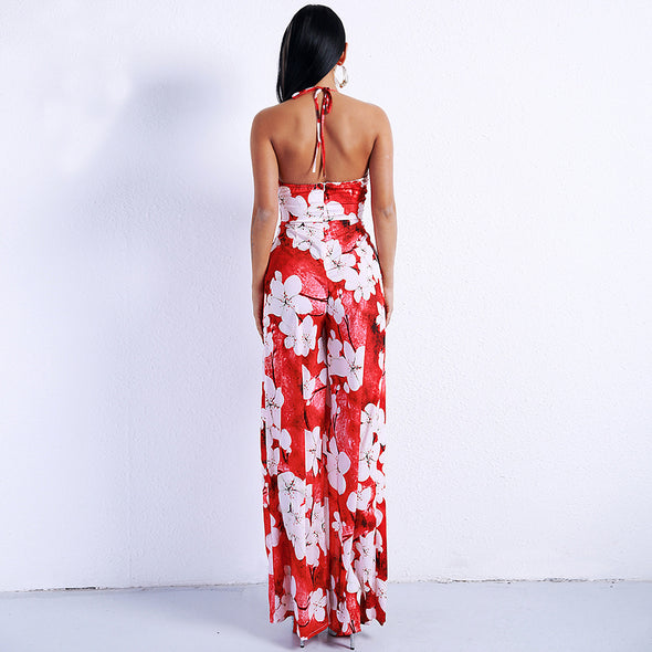 Sexy Spring And Summer Deep V Ruff  Halter Off Shoulder Flower Print Two Split Jumpsuits Backless Playsuits