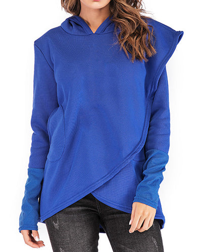 Long-Sleeved Fleece Solid Color Irregular Hooded Sweatshirt