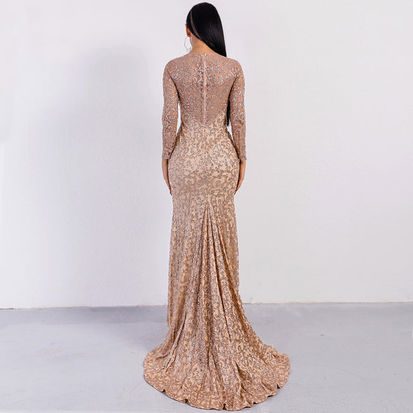 2022 Sexy O Neck Long Sleeve Pattern Glitter  Slim Maxi Elegant Dress