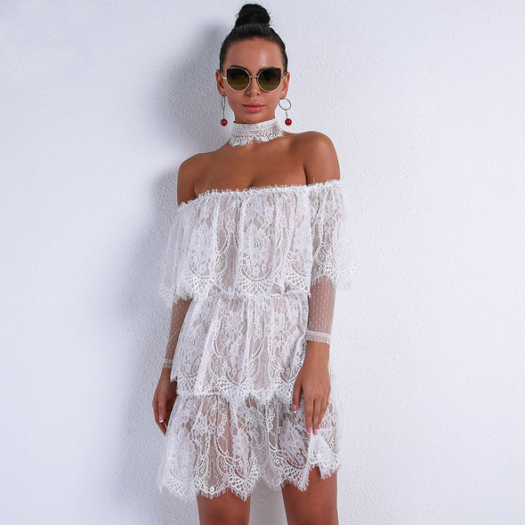 Sexy Off Shoulder Short Sleeve Ruffles Lace Collor Dress