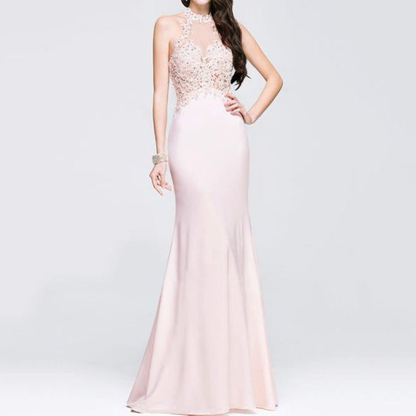 Sexy Pink Lace Stitching Halter Evening Dress