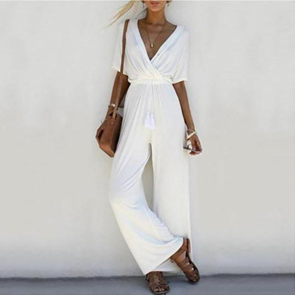 Solid Color V-Neck Wide Leg Jumpsuits Bottoms