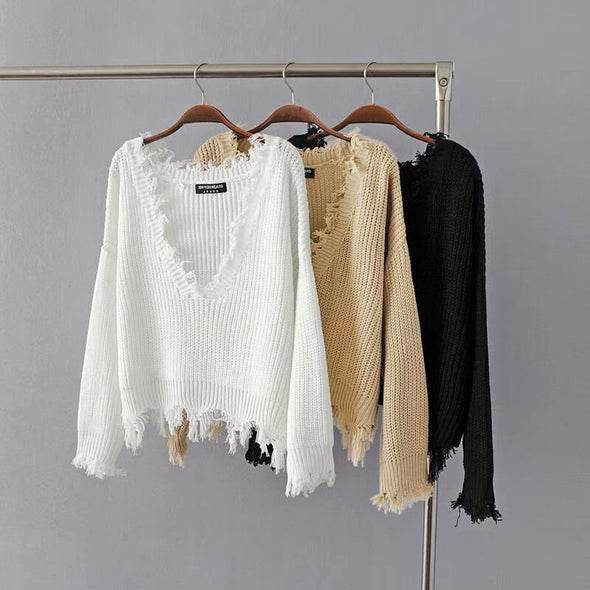 Fashion V-Neck Backless Tassel irregular Knitting Sweater