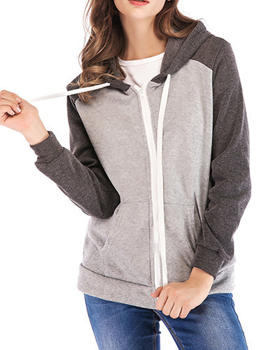 Loose Hooded Colorblock Long Sleeve Zip Sweater