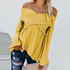 Elastic Off Shoulder Long Flare Sleeve Plain Pleated Loose T-Shirts