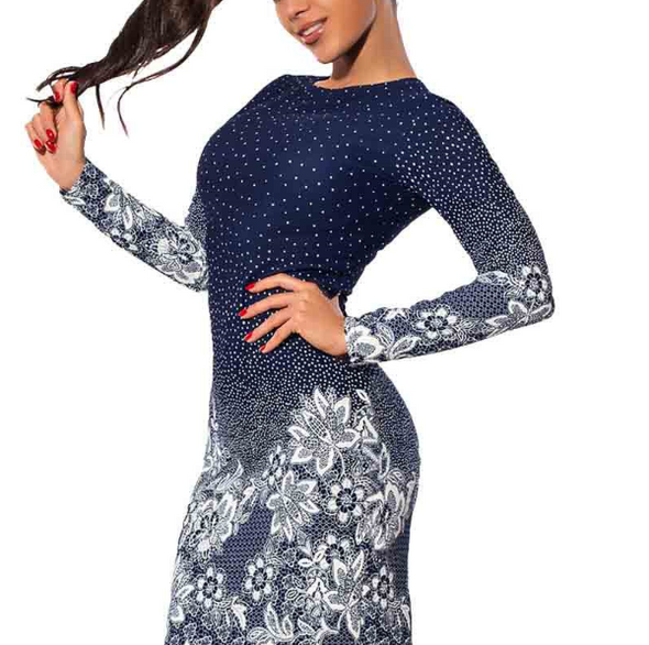 Gradient Digital Print Round Neck Long Sleeve Slim Bodycon Dress