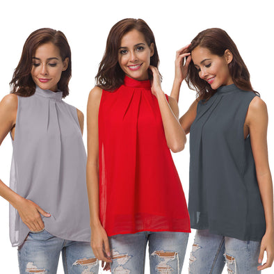 Women's double-layer high-neck sleeveless chiffon shirt