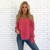 Chiffon Long Sleeve Cold Shoulder Solid Color V Neck Bandage Blouses