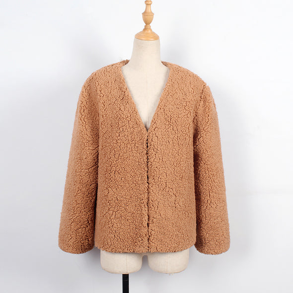 Faux Fur Long Sleeve V Neck Plush Cardigan Outwear