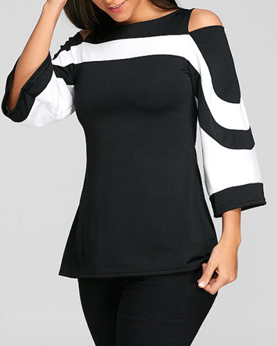 Contrast Round Neck Cropped Sleeves Slim T-Shirt