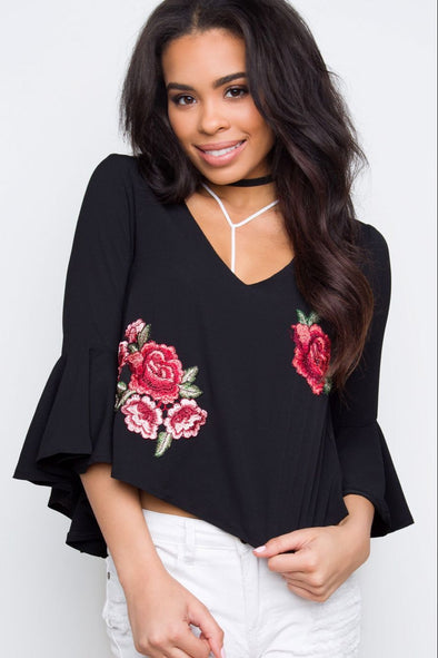 New sexy deep V-neck trumpet sleeve embroidered chiffon shirt