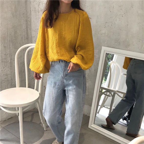 Loose Lantern Sleeve Long Sleeve Round Collar Thin T-Shirt