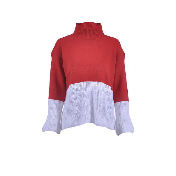 High Neck Color Matching Loose Long Sleeve Sweater