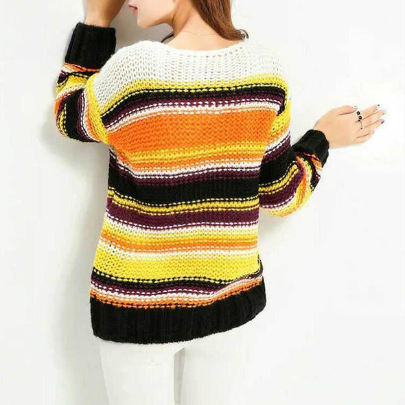 Round Collar Rainbow Stripes Knitting Sweater