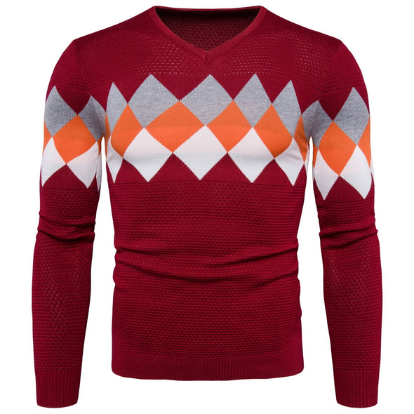 New Men's V-neck Plaid Color Matching Sweater