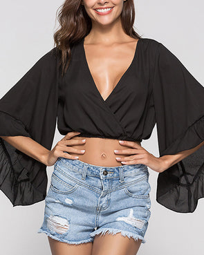 Fashion Short V-Neck Ruffled Trumpet Sleeve T-Shirt