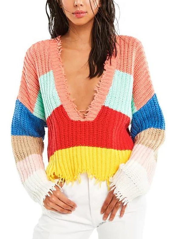 V-Neck Rainbow Striped Fringed Loose Irregular Knit Sweater